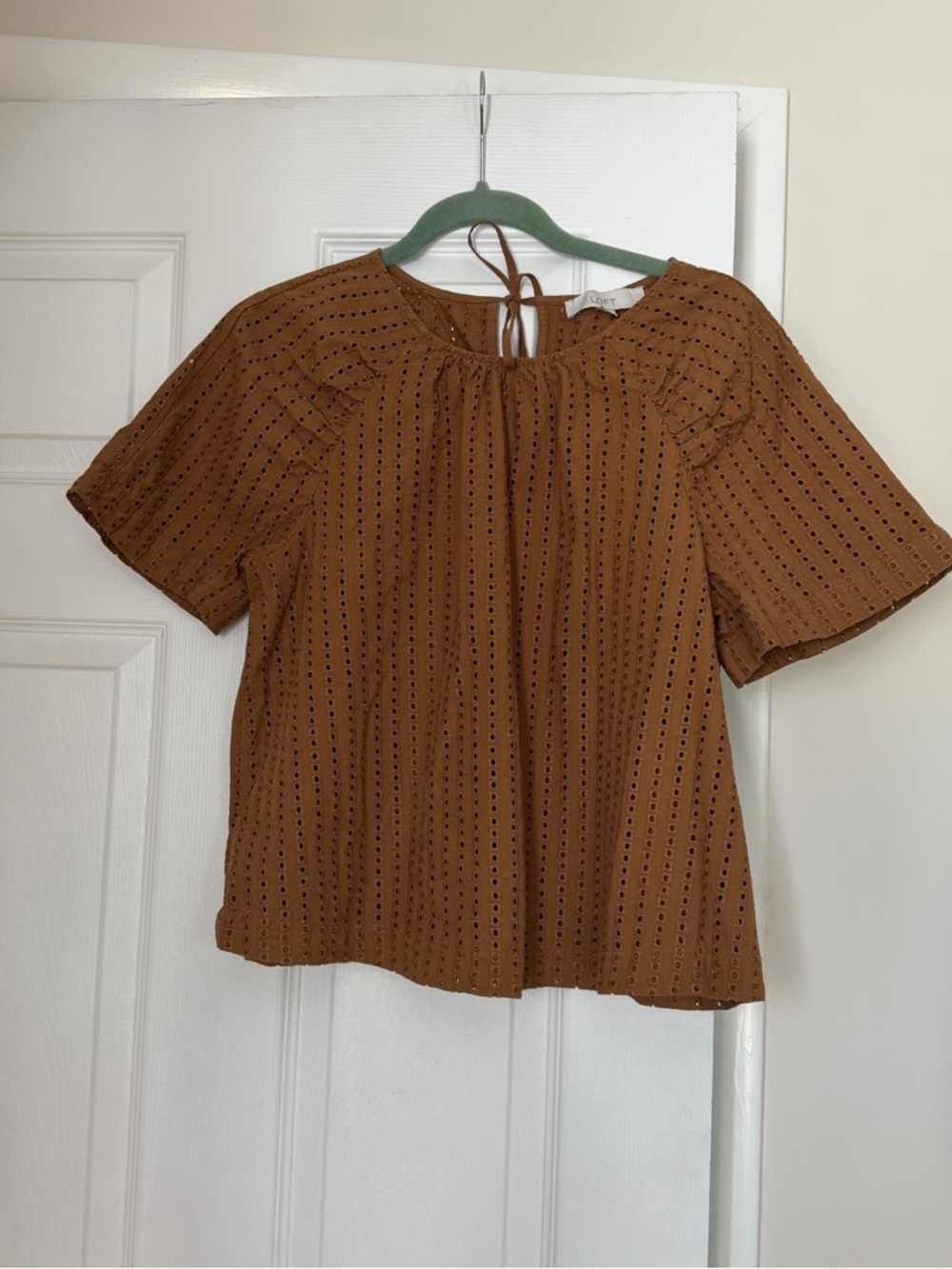 LOFT Brown Eyelet Tie-Back Peasant Top